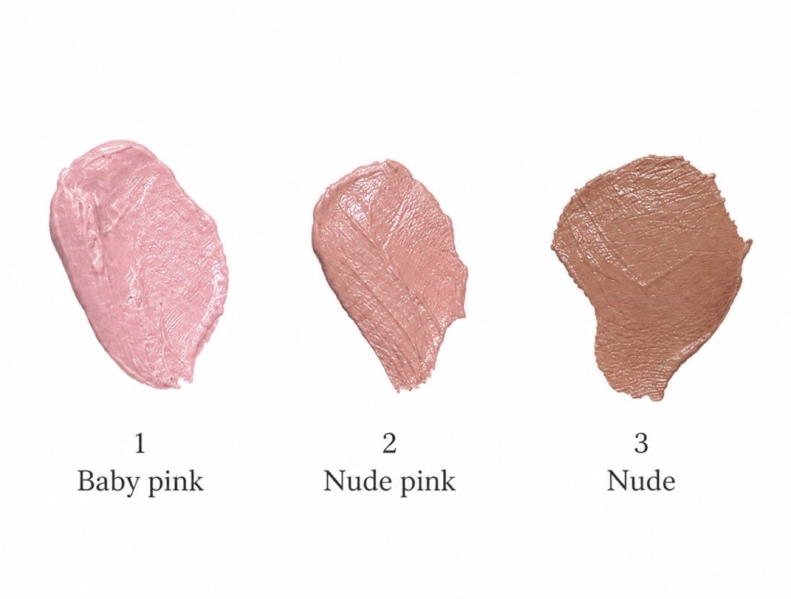 Baby pink, nude pink, and nude blusher swatches